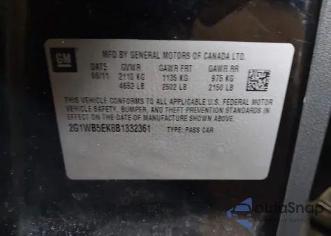 2011 Chevrolet Impala Lt z USA, uszkodzony, nr VIN 2G1WB5EK8B1332361